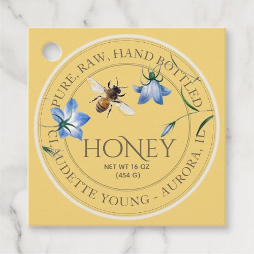 Honeybee and Blue Flowers Yellow Honey Jar Necktag Favor Tags