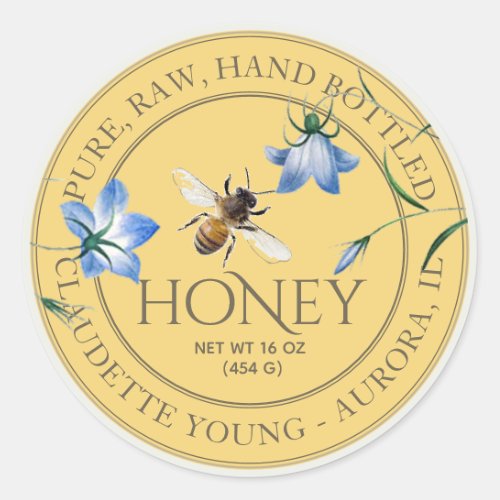 Honeybee and Blue Flowers Yellow Honey Label