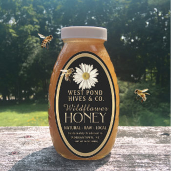 Honeybee And Daisy 16 Oz Queenline Jar Black Honey Oval Sticker by BeekeepingSupplies at Zazzle