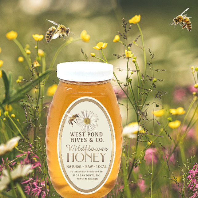 Honeybee and Daisy 16 oz Queenline Jar Gold Honey  Oval Sticker (Creator Uploaded)