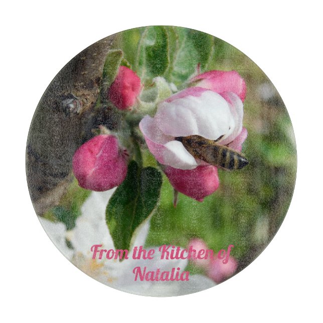 Honeybee & Apple Blossom Glass Cutting Board (Front)
