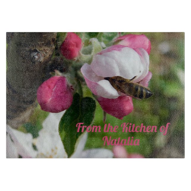 Honeybee & Apple Blossom Glass Cutting Board (Front)