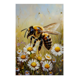 Honeybee Around Wildflowers Oil Painting Art Poster