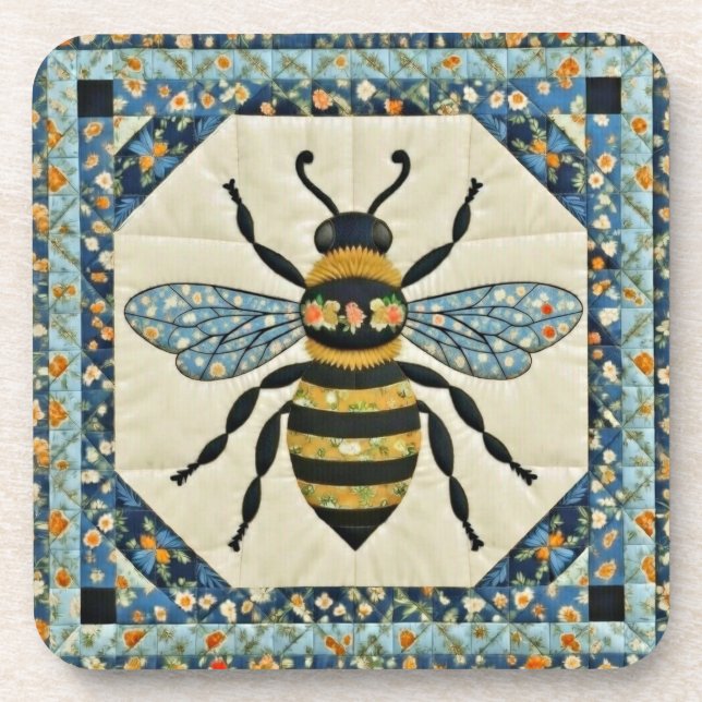 Honeybee Blue Boarder Quilt Beverage Coaster (Front)