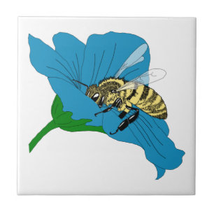 Honeybee Blue Flower Illustration Ceramic Tile