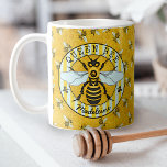 Honeybee Bumblebee Queen Bee Pretty | Personalized Coffee Mug<br><div class="desc">This super sweet honeybee mug has an original, hand-drawn image of a yellow and black bee on a striped background. It has gossamer white-blue wings that are spread out like it's ready to fly. Behind it, bees buzz on the honeycomb hive. This nature - inspired design is perfect for any...</div>