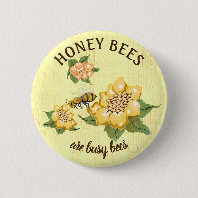 Honeybee Busy Bee Honeycomb Flowers Button (Front)