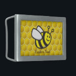 Honeybee Cartoon Belt Buckle<br><div class="desc">Smiling flying bee cartoon over seamless bee-hive background. Custom text.</div>