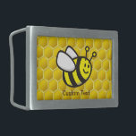 Honeybee Cartoon Belt Buckle<br><div class="desc">Smiling flying bee cartoon over seamless bee-hive background. Custom text.</div>