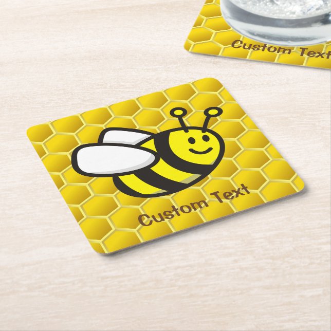 Honeybee Cartoon Square Paper Coaster (Angled)