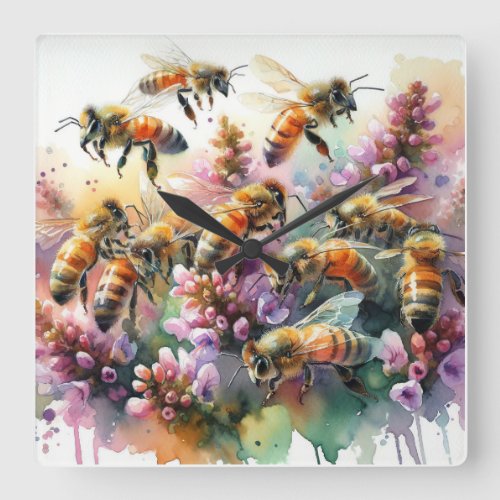 Honeybee Dance REF215 _ Watercolor Square Wall Clock