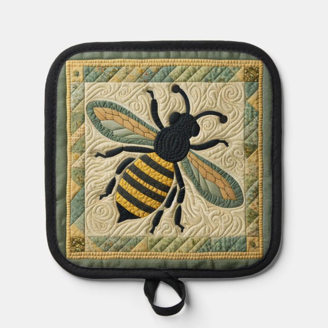 Honeybee Faux Quilt Two  Pot Holder (Front)