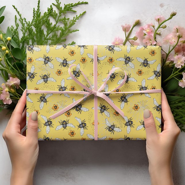 Honeybee Floral Pattern Wrapping Paper (Happy Yellow Honeybees buzzing around Cosmos and Daisy flowers. Ideal for Gardeners & Nature Lovers!)