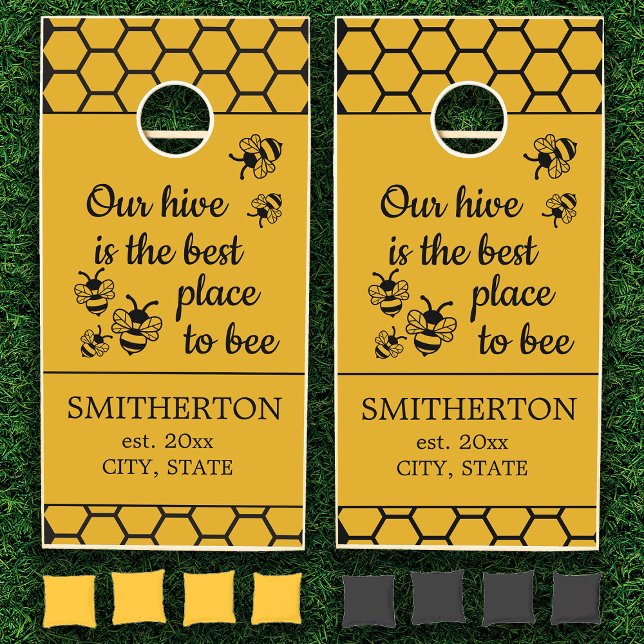 Honeybee Hive Best Place to Bee Family Game ("Our hive is the best place to bee" cornhole set personalized with your text.)