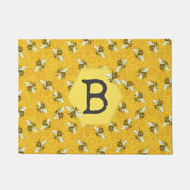 Honeybee Honeycomb Bee Hive Swarm Family Monogram Doormat (Front)