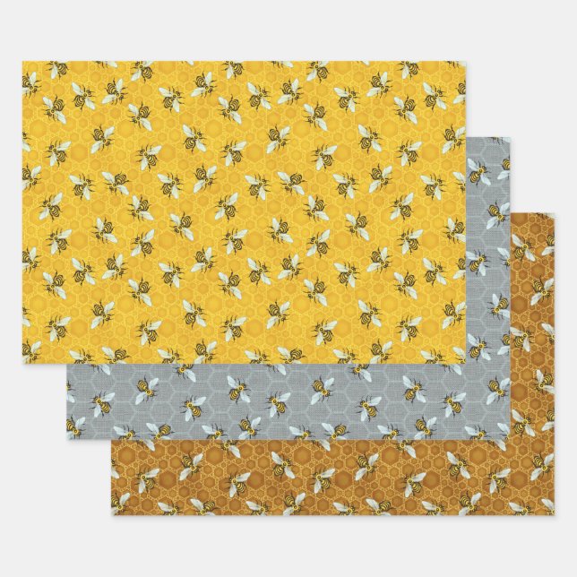 Honeybee Honeycomb Beehive Bees Apiary Patterns Wrapping Paper Sheets (Set)