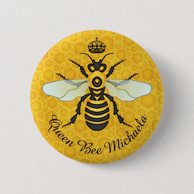 Honeybee Honeycomb Bumble Bee Queen | Custom Name Pinback Button (Front)