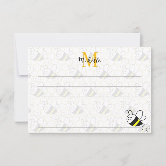 Honeybee Honeycomb Drawing Custom Lined Monogram Note Card (Front)