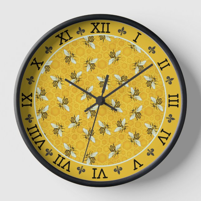 Honeybee Honeycomb French Bee Bumblebee Pattern Wall Clock (Front)