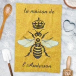 Honeybee Honeycomb French Bee Elegant Custom Name Towel<br><div class="desc">This beautiful honeybee kitchen towel shows a large bee and crown over a light, bright honeycomb background. The yellow and black bee has gossamer white-blue wings that are spread out like it's ready to fly. The background is a pretty golden beehive honeycomb pattern. Use the templates to easily change the...</div>