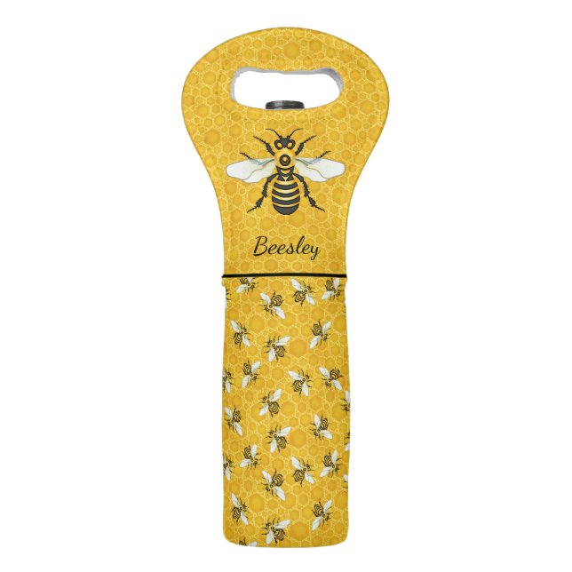 Honeybee Honeycomb Pretty Bee Hive | Custom Name Wine Bag (Front)