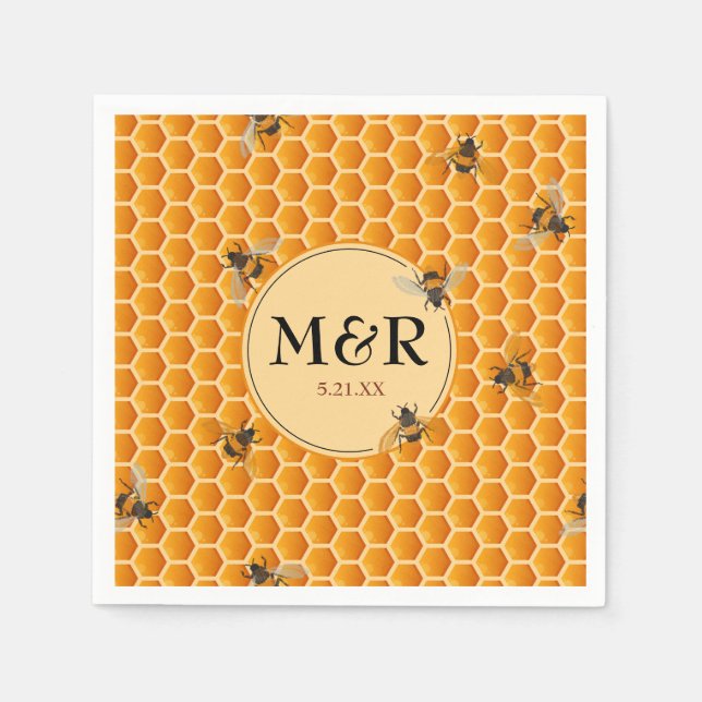 Honeybee Monogram Initials Gold Wedding Napkins (Front)