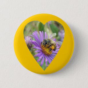 Honeybee on Fall Asters Heart Pinback Button