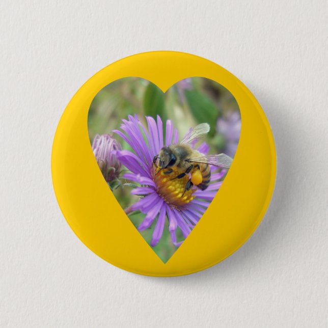 Honeybee on Fall Asters Heart Pinback Button (Front)