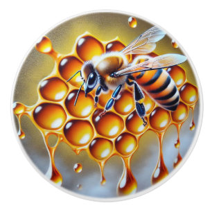 Honeybee on Honeycomb With Dripping Golden Honey Ceramic Knob
