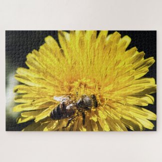 Honeybee on yellow dandelion macro photograph jigsaw puzzle