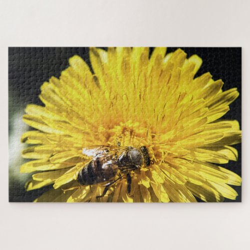 Honeybee on yellow dandelion macro photograph jigsaw puzzle