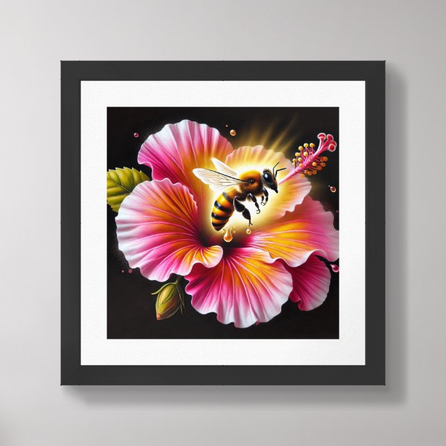 Honeybee Pollinating a Blooming Bright Hibiscus  Framed Art (Framed Front)