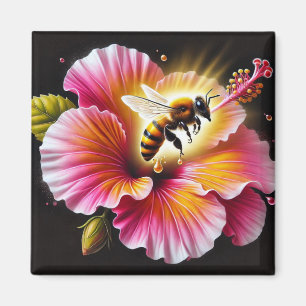 Honeybee Pollinating a Blooming Bright Hibiscus  Magnet