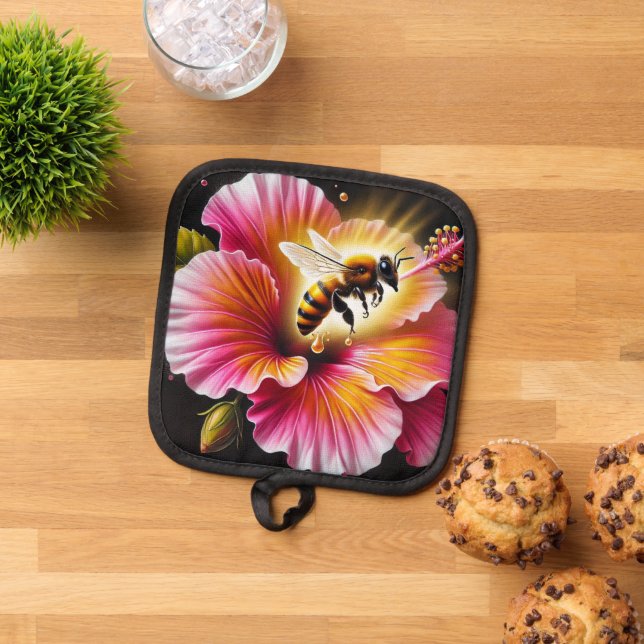 Honeybee Pollinating a Blooming Bright Hibiscus  Pot Holder (Top Down)