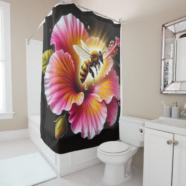 Honeybee Pollinating a Blooming Bright Hibiscus  Shower Curtain (In Situ)