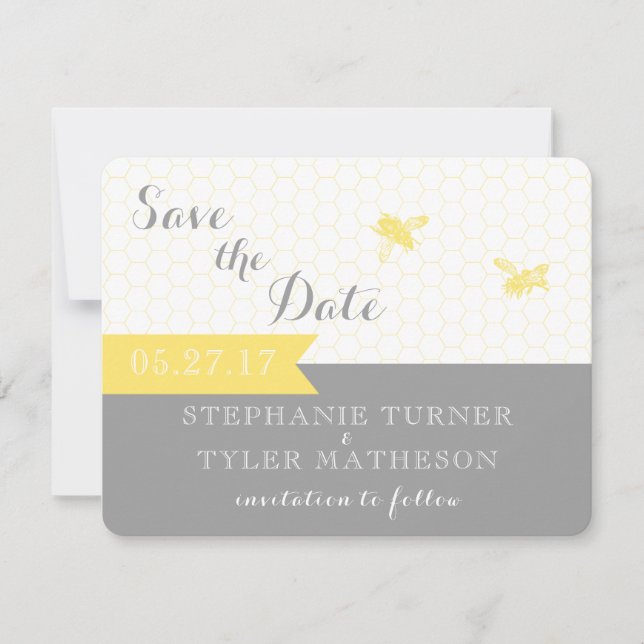 Honeybee Save the Date Card- Gray and Yellow (Front)