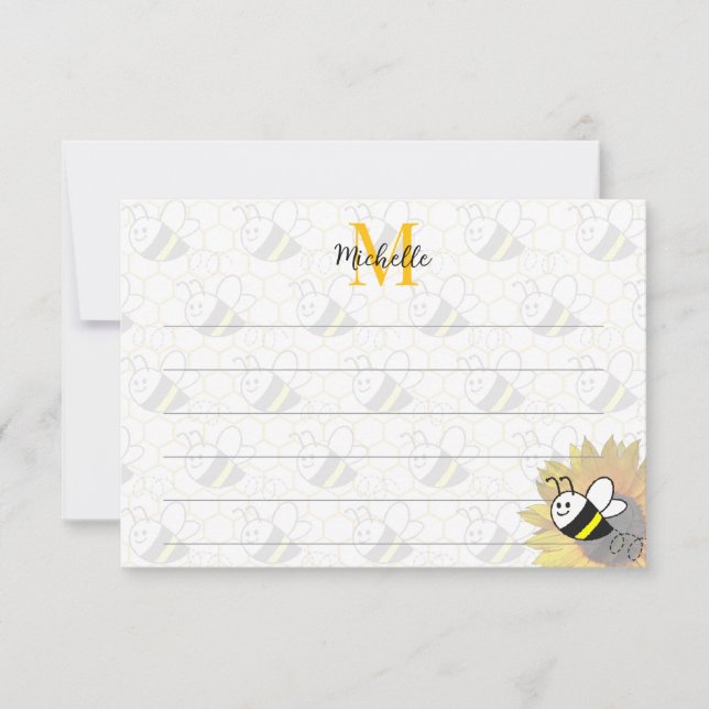 Honeybee Sunflower Drawing Custom Lined Monogram Note Card (Front)