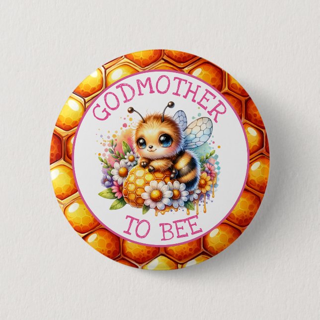 Honeybee themed Girl's Baby Shower Godmother to be Button (Front)