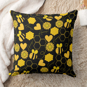 honeybee vintage sunflowers yellow floral throw pillow
