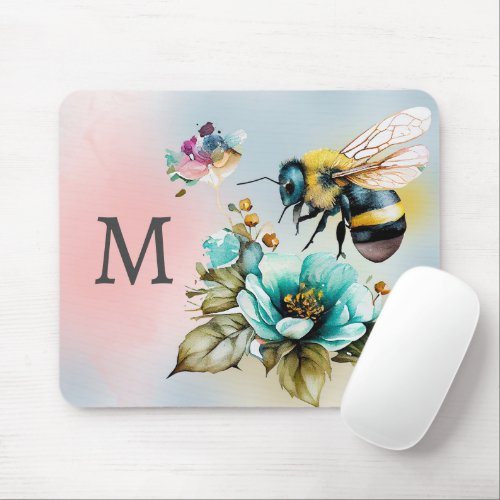 Honeybee Watercolor Spring Floral Monogram  Mouse Pad