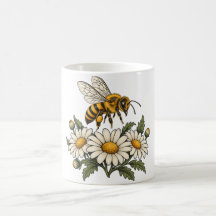 Honeybee with Daisies and Botanical Leaves