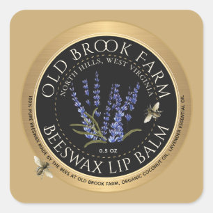 Honeybees and Lavender Beeswax Lip Balm Gold Black Square Sticker