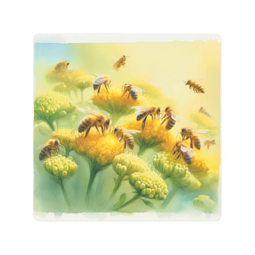 Honeybees Gathering Nectar REF258 _ Watercolor Metal Print