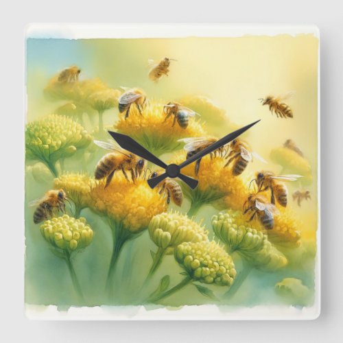 Honeybees Gathering Nectar REF258 _ Watercolor Square Wall Clock