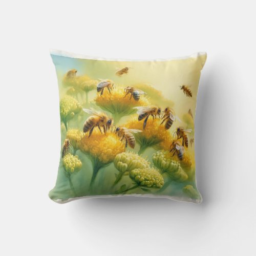 Honeybees Gathering Nectar REF258 _ Watercolor Throw Pillow