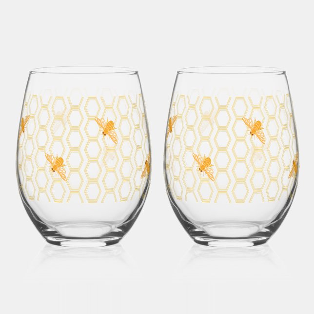 Honeybees, honeycomb Drinkware Set Stemless Wine Glass (Front)