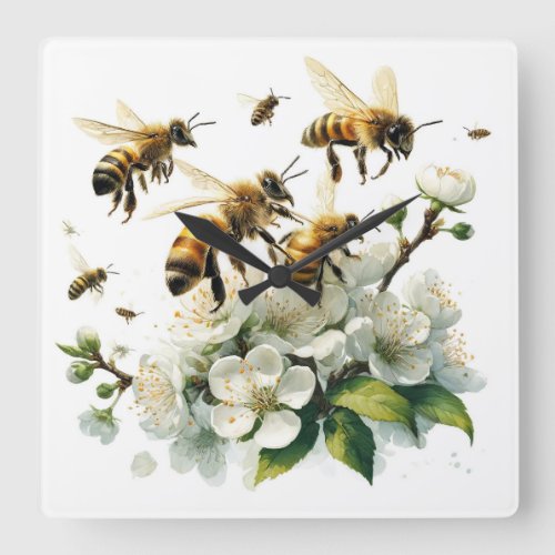 Honeybees in Bloom REF221 _ Watercolor Square Wall Clock