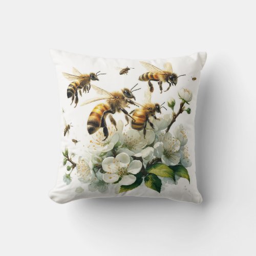 Honeybees in Bloom REF221 _ Watercolor Throw Pillow