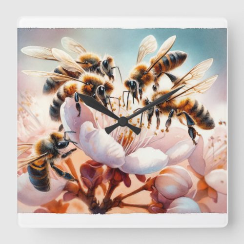 Honeybees in Blossom REF186 _ Watercolor Square Wall Clock