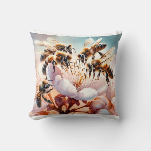 Honeybees in Blossom REF186 _ Watercolor Throw Pillow